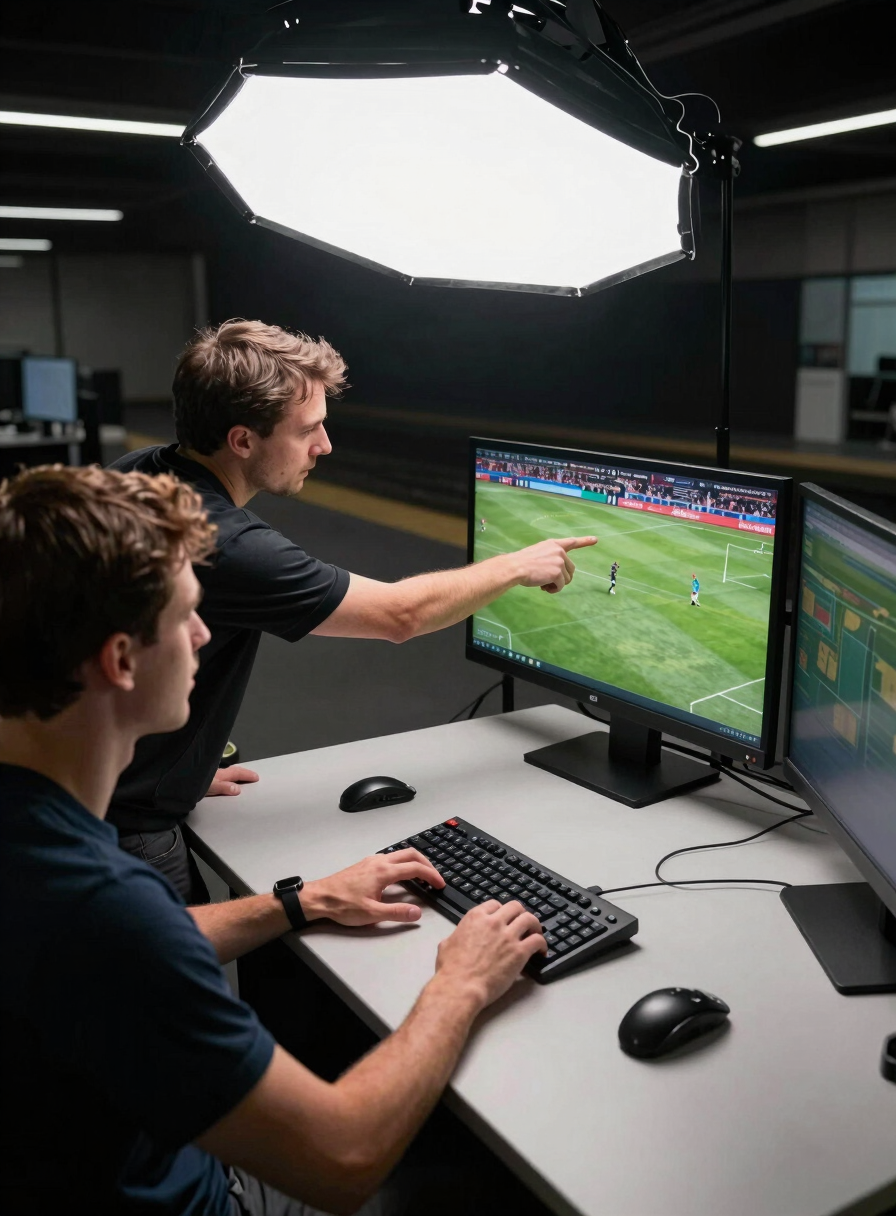 Overhead coaching perspective of two players at adjacent stations, a coach standing behind them pointing at a monitor displaying match footage, high-contrast studio lighting from above, dark facility environment, broadcast-quality framing, hands visible on keyboards