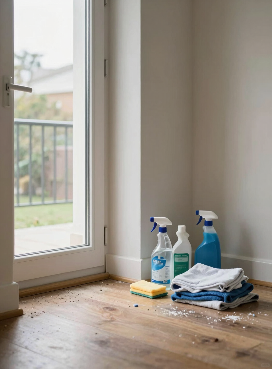 Wide environmental shot from the entry point of a residential room at the start of a cleaning job, natural window light from the left, cluttered surfaces and dusty baseboards visible in the foreground, cleaning supplies and folded cloths on the floor ready for use, no people in frame