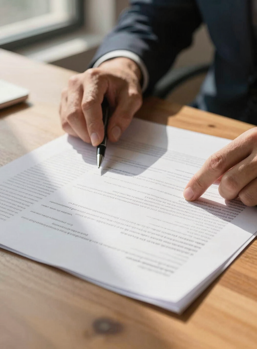 Close-up of a professional's hands reviewing printed documents on a wooden desk under warm window light, pen resting beside the papers, natural daylight from the left casting soft shadows