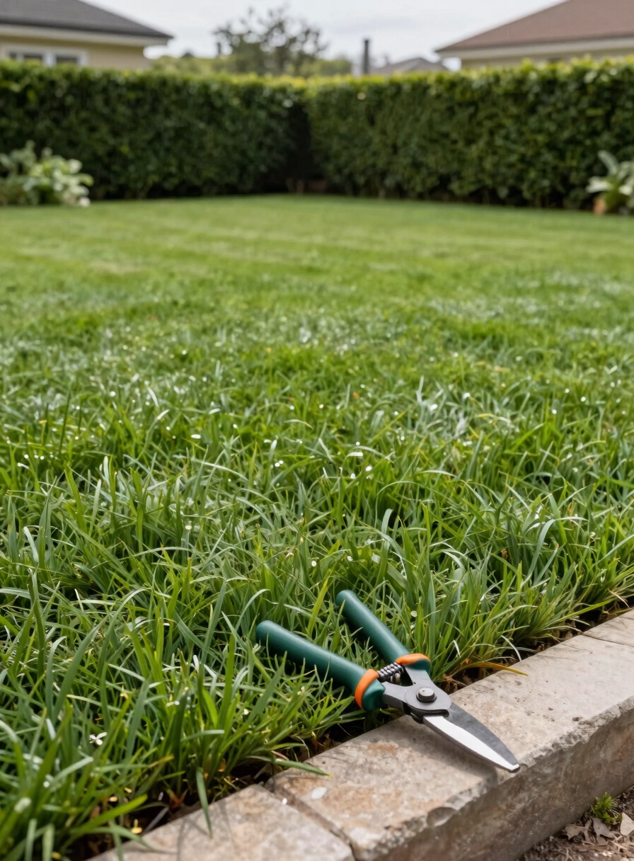 Angled ground-level shot of a freshly cut residential lawn with neatly trimmed hedge border, bright overcast daylight, gardening shears resting on stone edging in the foreground, no people, sharp grass texture visible