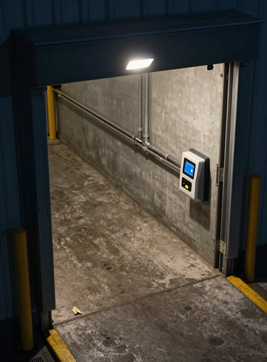 High-angle view of a loading bay service entrance at night, a proximity card reader mounted beside a steel door frame, overhead tungsten lamp illuminating worn concrete floor, cables running along the wall conduit, no personnel present, operational industrial setting