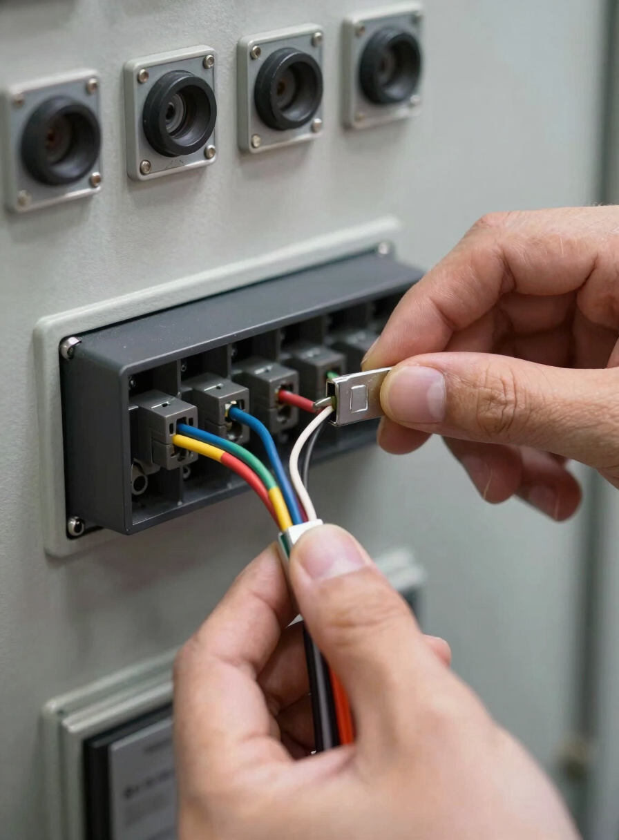 Extreme close-up of hands threading a multi-conductor cable into a terminal block inside an industrial control cabinet, soft tungsten studio light revealing wire insulation colors and metal clamp detail, clinical overhead angle, no faces visible, sharp focus on the terminal connection point