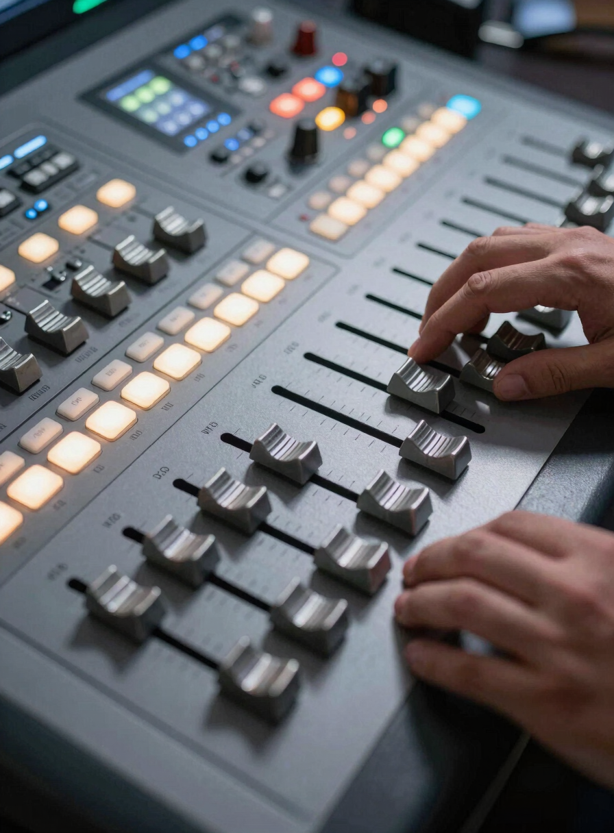 Extreme close-up of a broadcast switcher panel with multiple illuminated buttons and faders actively engaged during a live event, operator hands visible mid-action pressing controls, harsh directional light casting sharp shadows across the hardware surface, technical detail sharp and in focus
