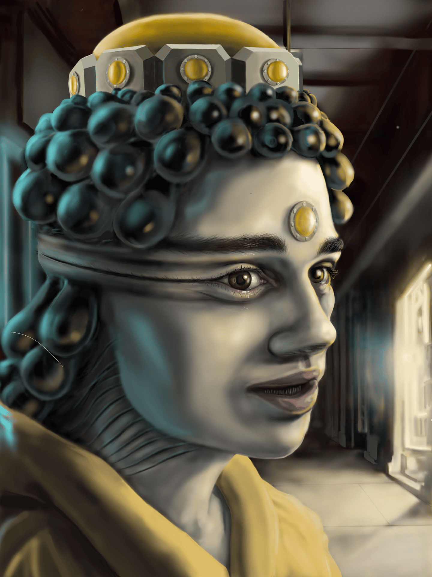 Surreal digital portrait of a person wearing a futuristic crown and bubble headpiece in a hallway.