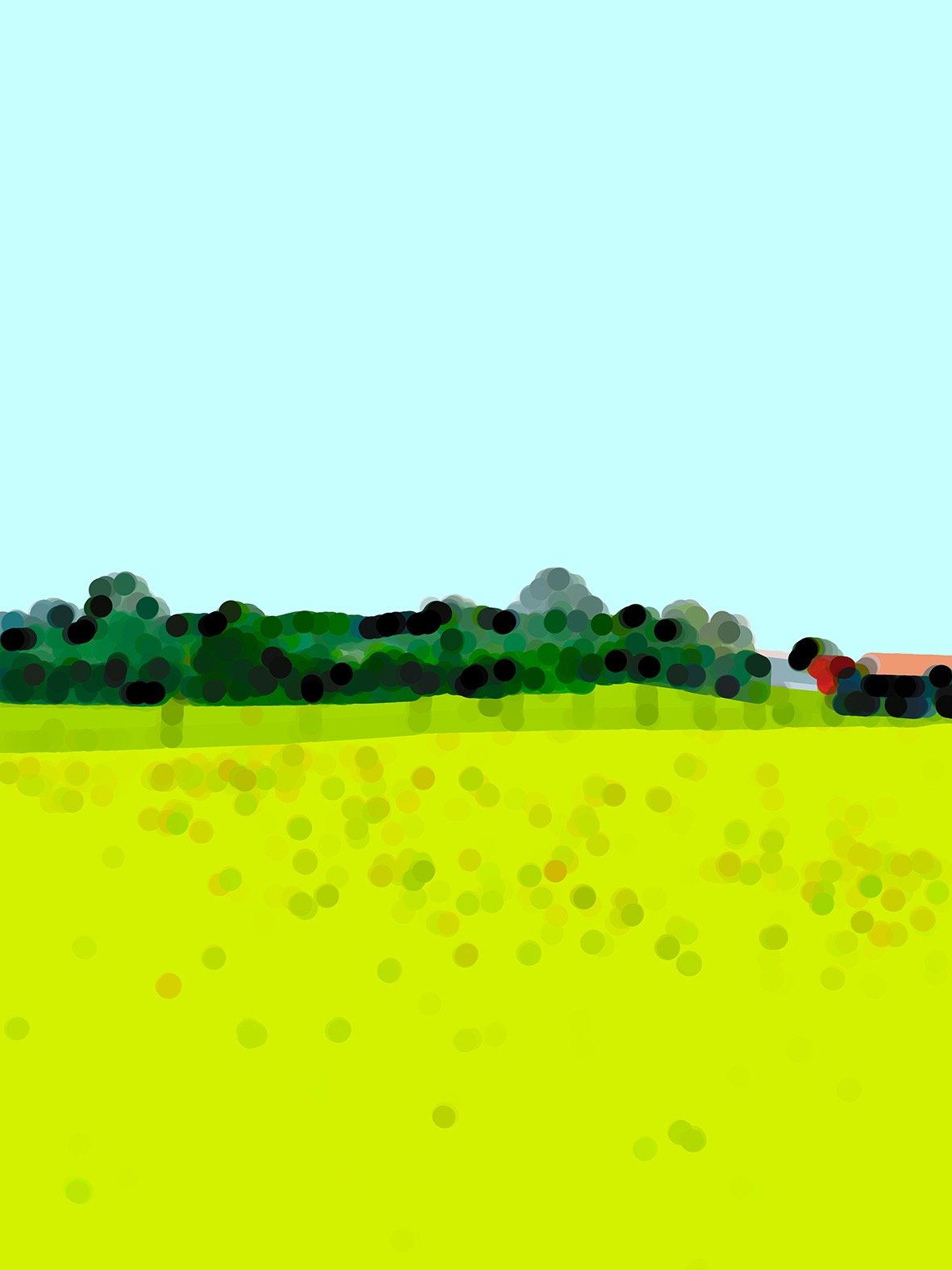 a field with a train on the tracks