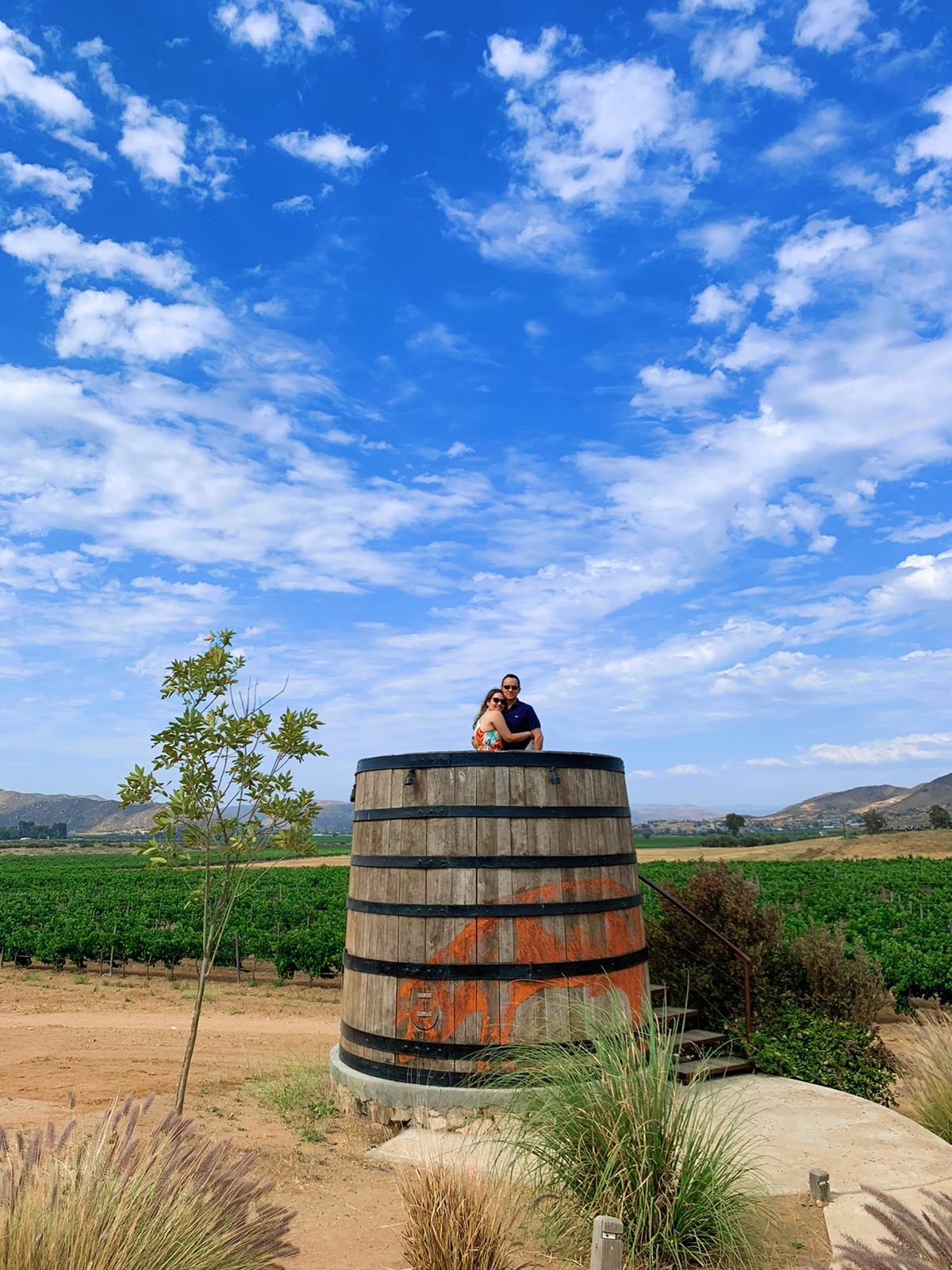 a couple sitting on a barrel of wine enjoying the view of the vineyards of Valle de Guadalupe