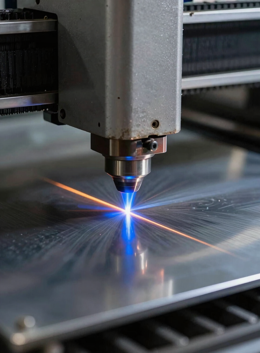 Extreme close-up of a laser cutter head slicing through a galvanil sheet, electric blue beam and glowing molten edge visible, tungsten workshop light, freshly cut metal edge sharp and clean, dark industrial background