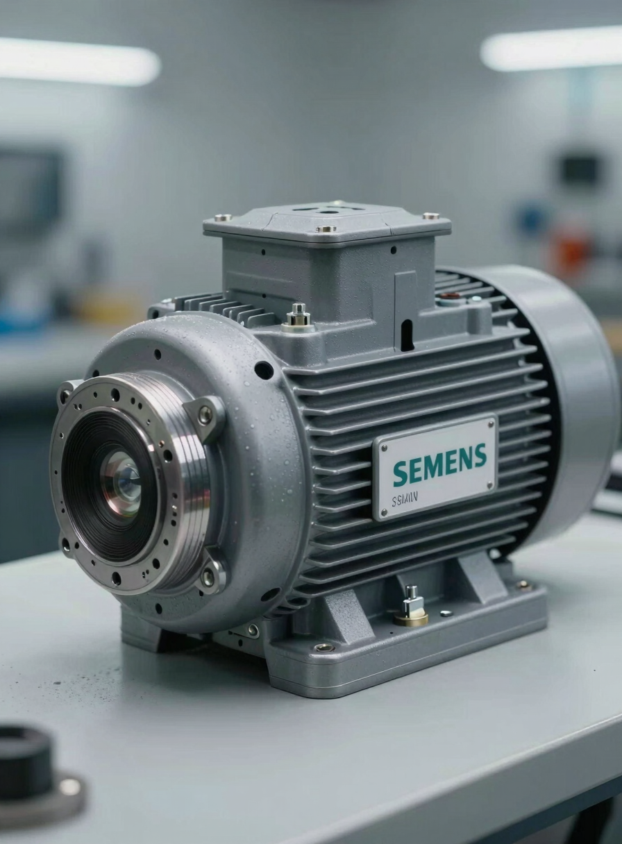 Close-up of a Siemens electric motor housing on a workshop bench, serial number plate in sharp focus, motor terminals and cooling fins visible, bright even studio lighting, industrial grey background