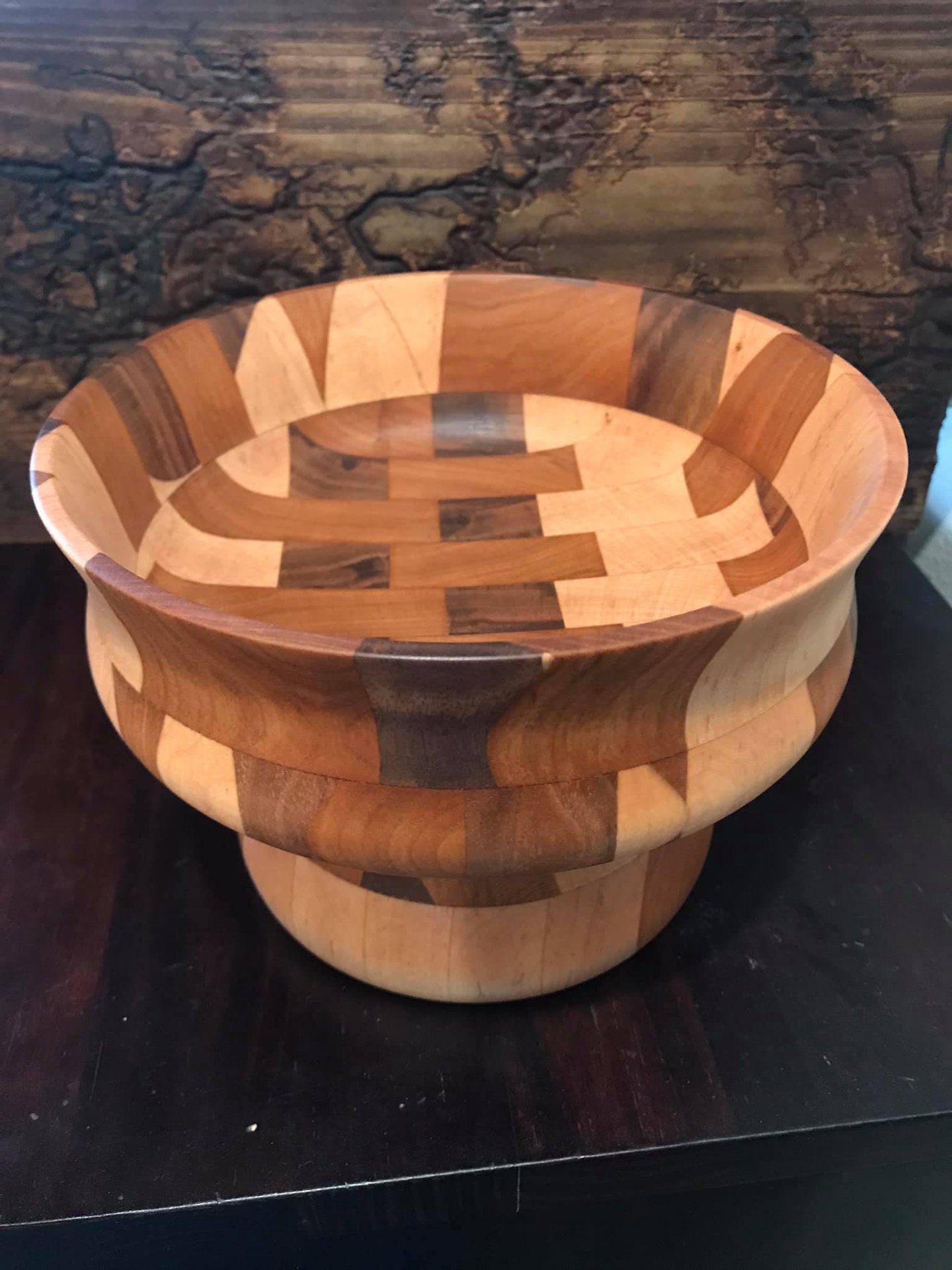 Custom wood bowl created from several recycled wood cutting boards.