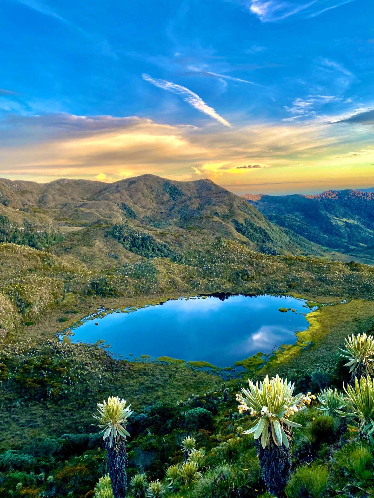 Atardecer en páramo con laguna Vancouver y el Nevado del Tolima al fondo y cielo dorado