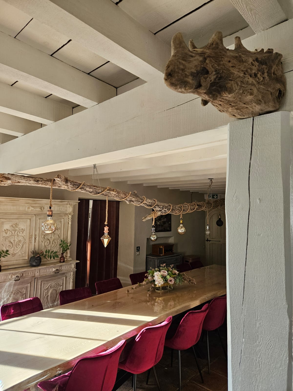 Lustre atypique en bois flotté du Rhône de l'Enclos du Soleil le Vent