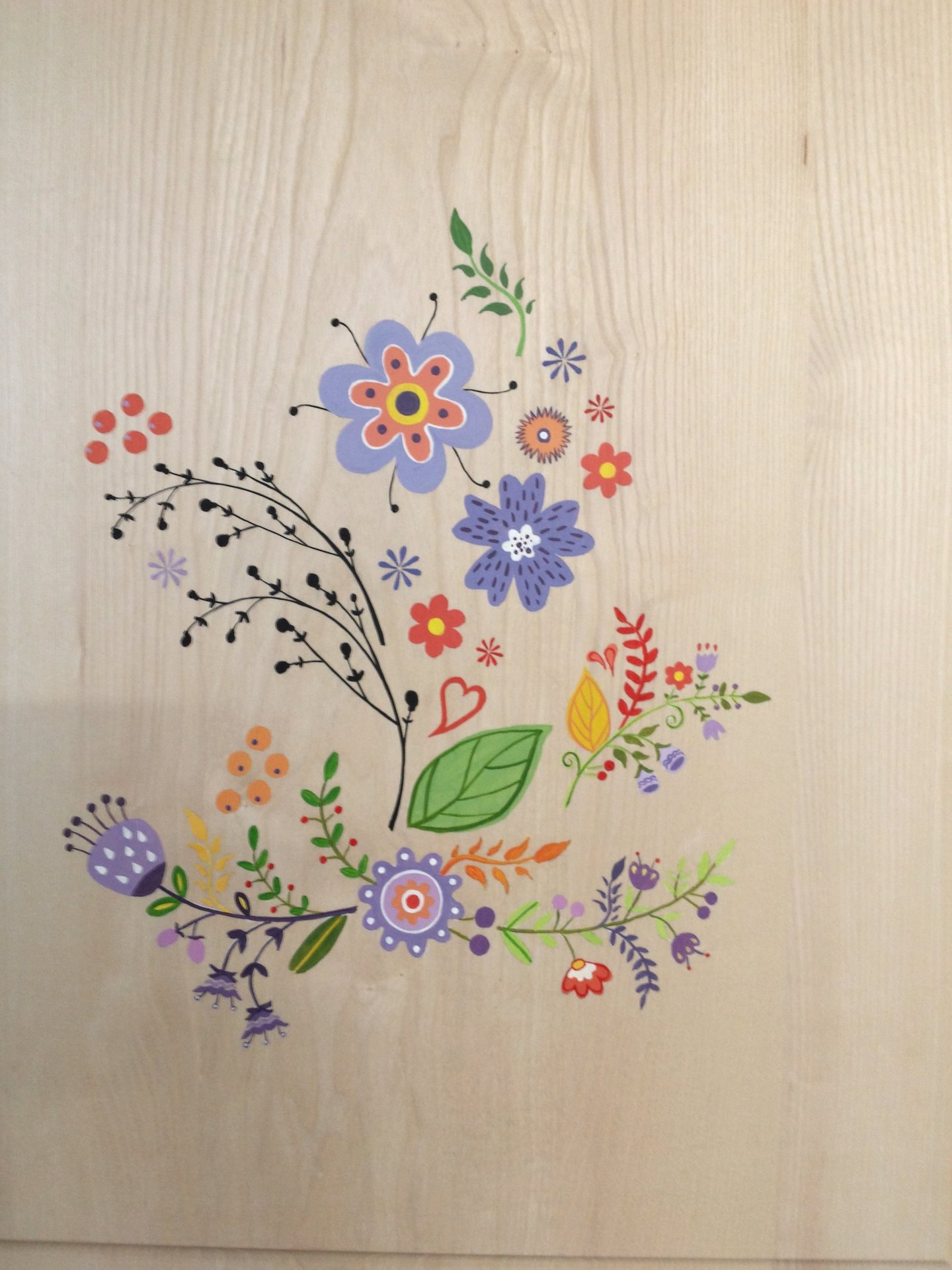 Détails de motifs décoratifs floraux peints sur des portes en bois massif.