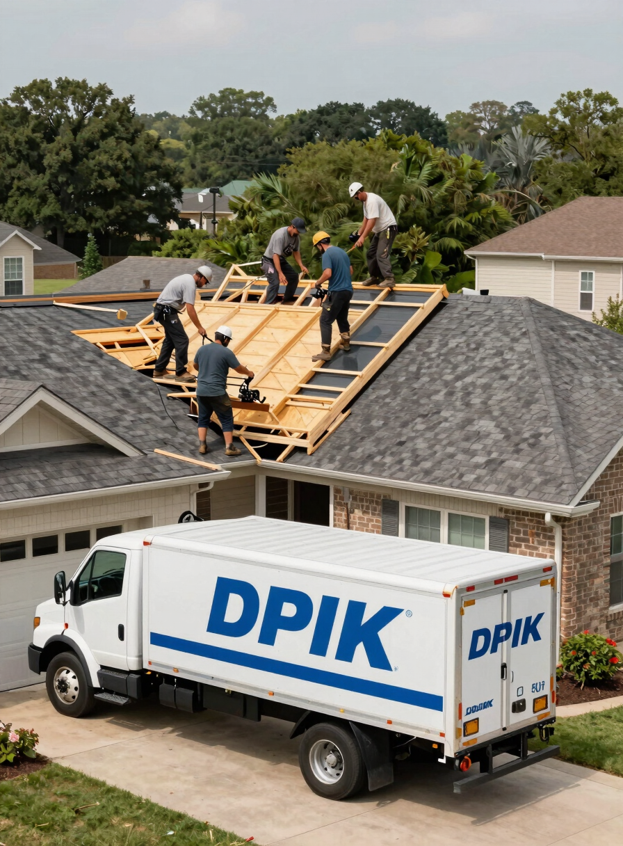 Environmental wide shot of a roofing crew on a residential roof installation in the DFW suburbs, work truck with contractor branding visible in the driveway below, natural daylight, desaturated tones with vivid blue truck lettering