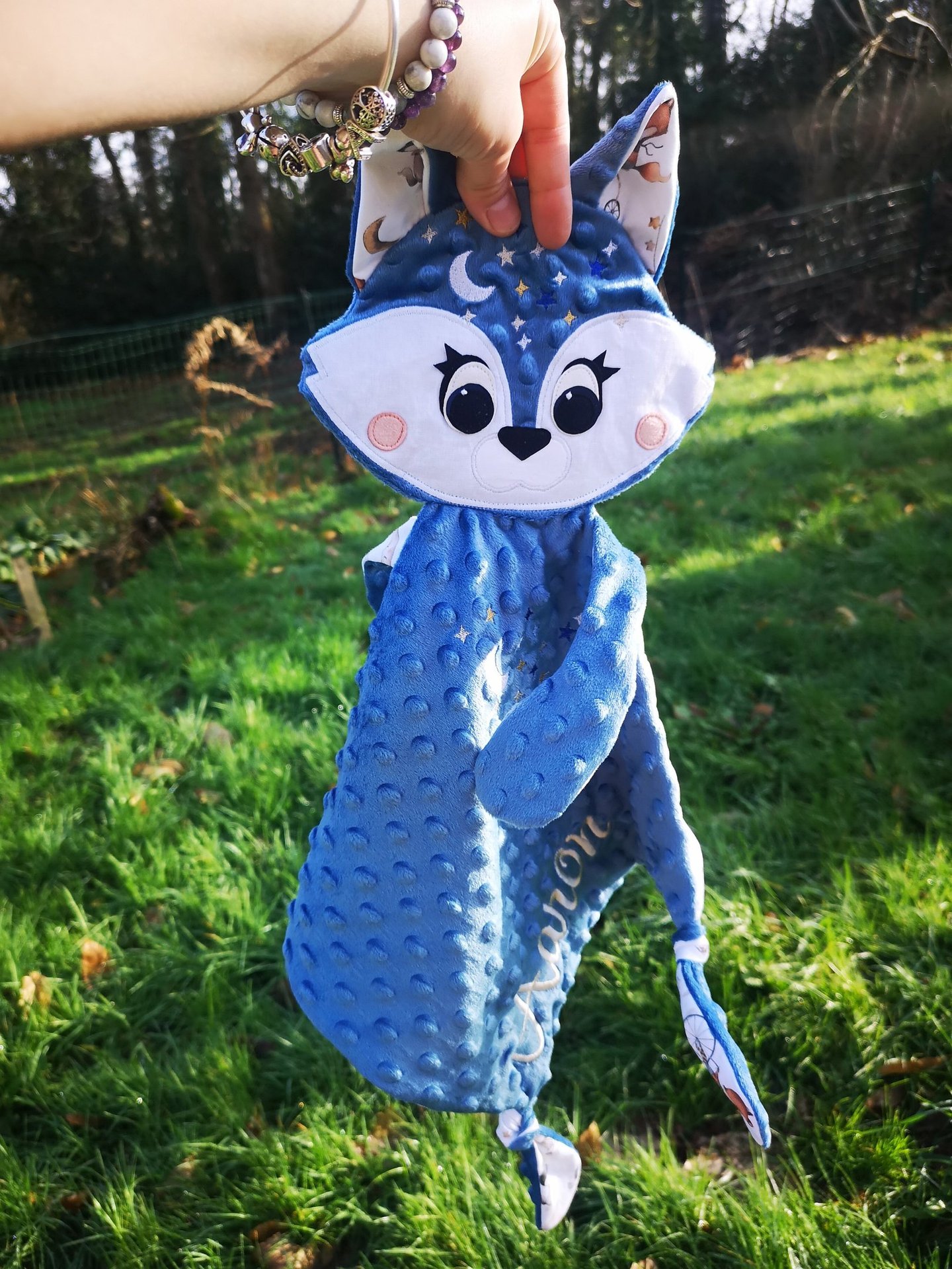 Doudou Câlin Renard, prénom Aaron, doudou personnalisé, minkee couleurs bleu