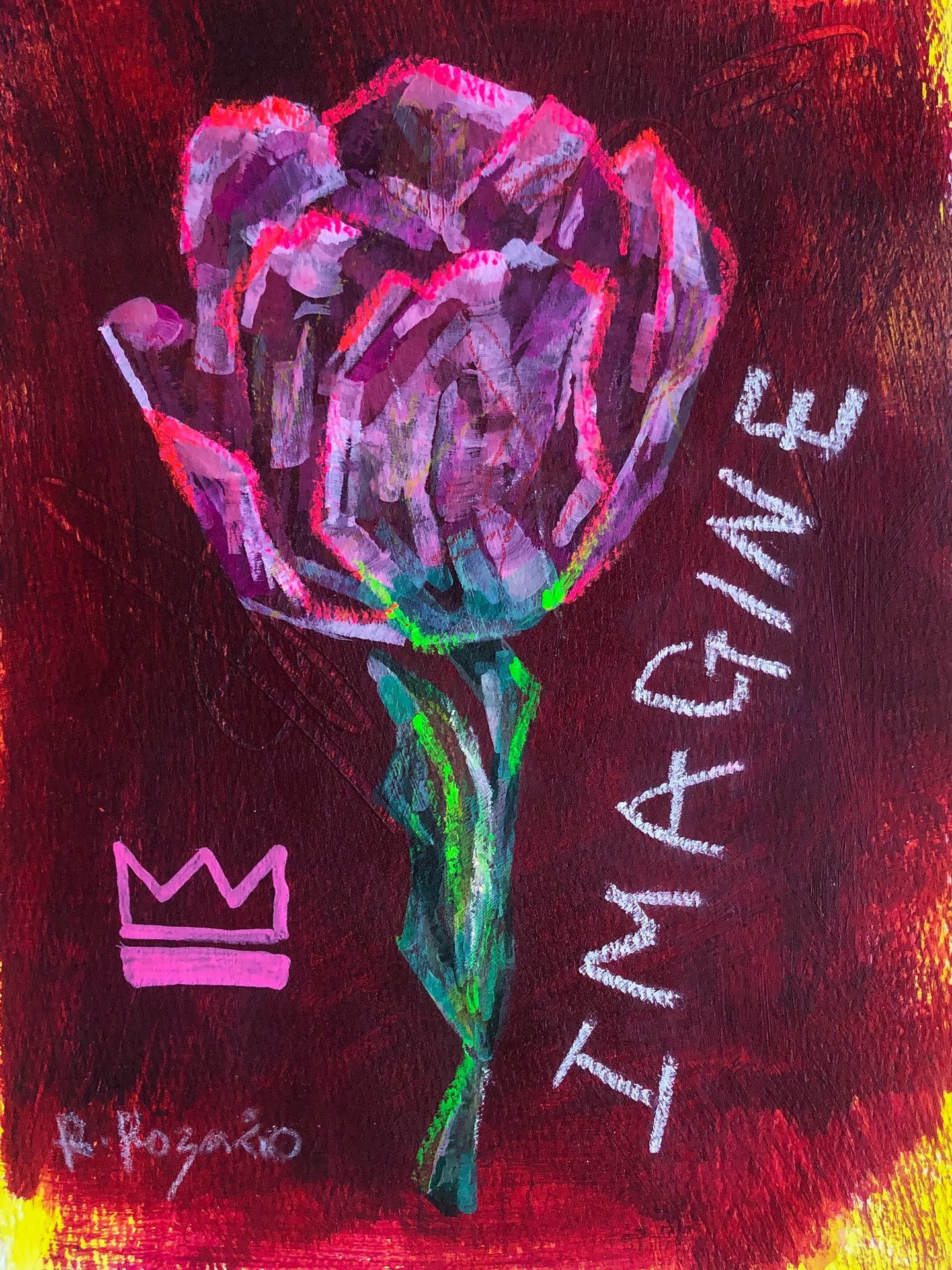 a painting of a flower with acrylic, color pencils and oil pastels on primed paper