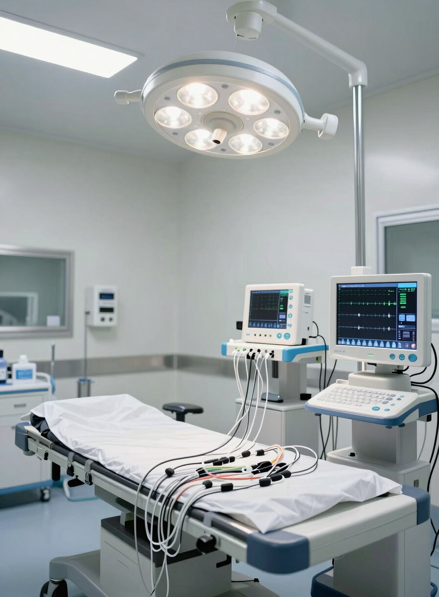 Wide shot of a modern anesthesia suite, sterile overhead lighting illuminating monitoring equipment and EEG leads arrayed on a clinical workstation, no patients or clinicians visible, stark white and steel surfaces, teal data readout visible on a monitor screen to the right