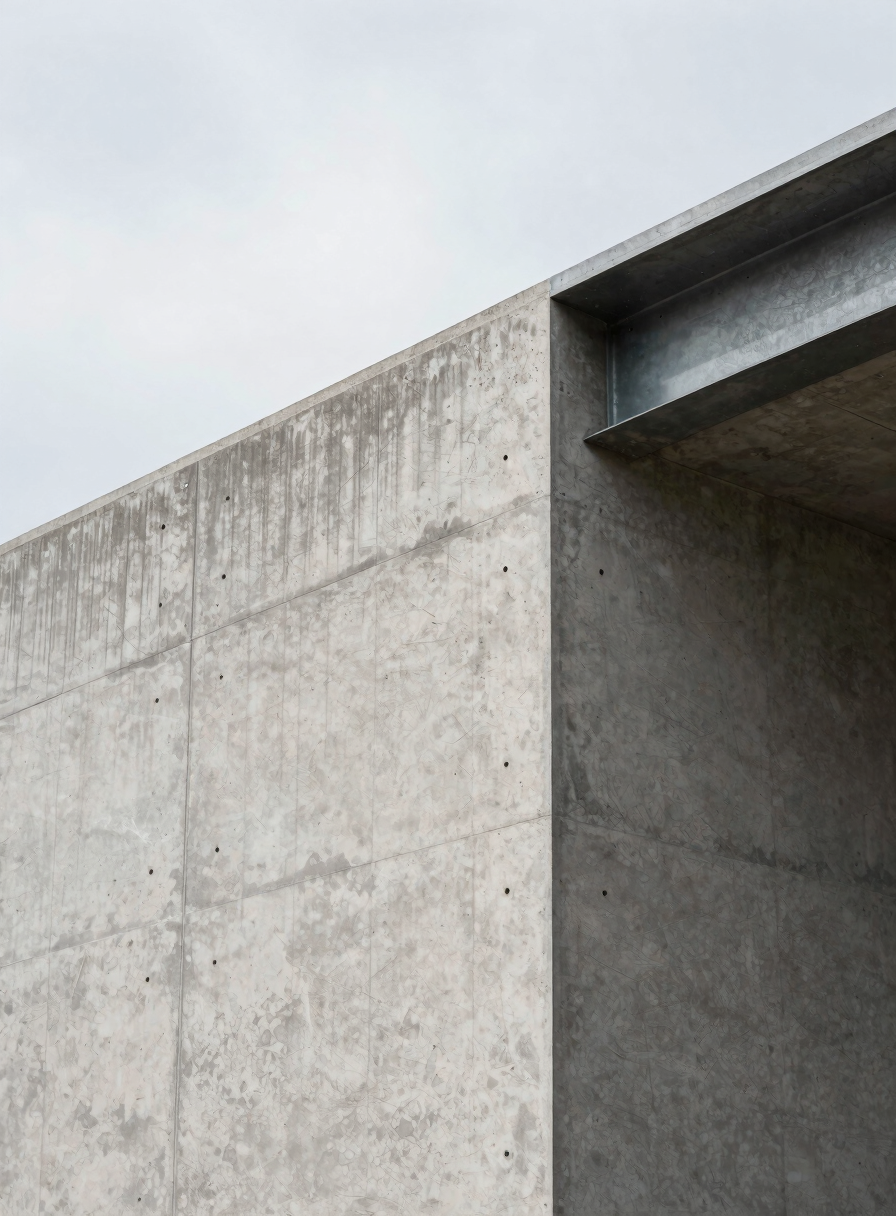 Close-up panoramic of a raw concrete wall junction meeting an exposed steel beam at a building corner, north-facing diffused daylight raking across the surface revealing formwork texture and aggregate, no workers, no people, wide environmental framing with generous negative space to the upper left