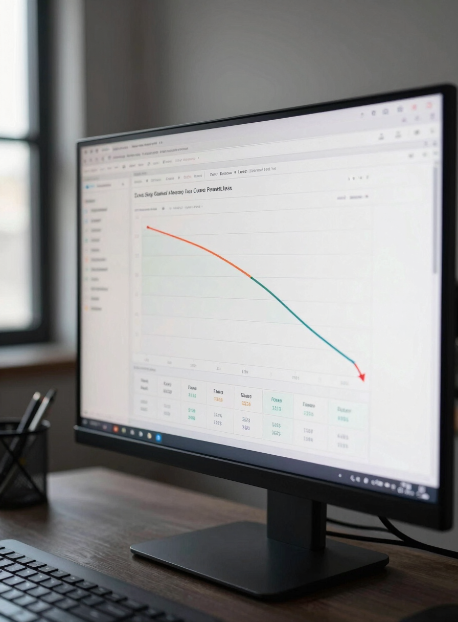 Wide environmental shot of a workspace, angled monitor showing a funnel analytics dashboard with conversion rate columns and a declining cost-per-lead trend line, window light from the left, dark desk surface, no person visible, tight crop on screen data