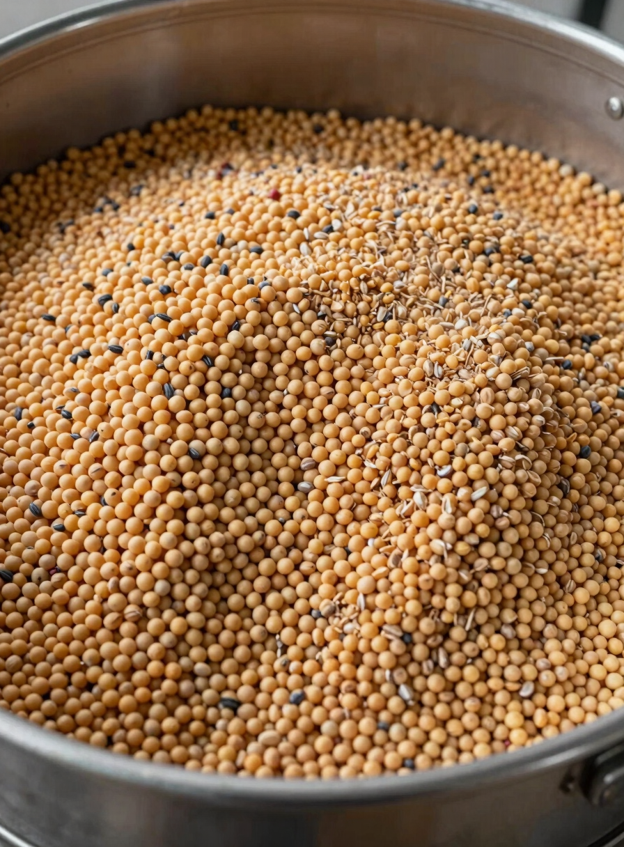 Tight overhead shot of bulk soybeans and corn kernels side by side in a certified Brazilian processing facility, natural overhead industrial lighting, grain moisture and texture visible at close range, metal silo walls at frame edge