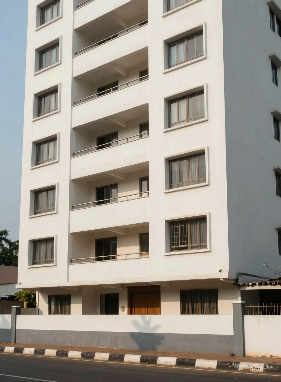 Close-up architectural exterior of a mid-rise apartment building in Visakhapatnam, clean facade, natural daylight from the left, road frontage visible at base