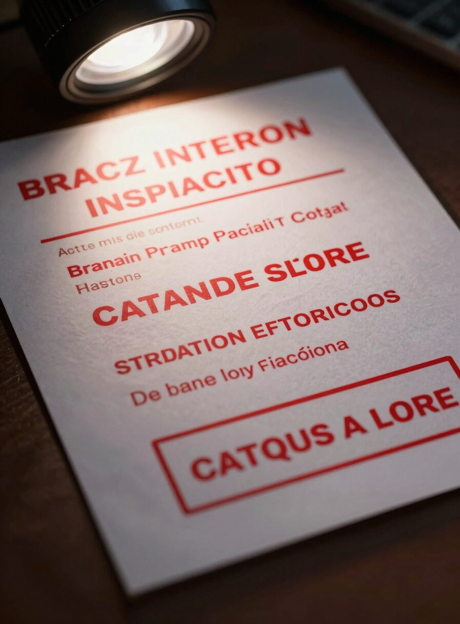 Extreme close-up of a Brazilian traffic infraction notice on a dark desk surface, the document's red text and stamp sharply lit by a single cold overhead light, edges of the paper slightly curled, background deep shadow