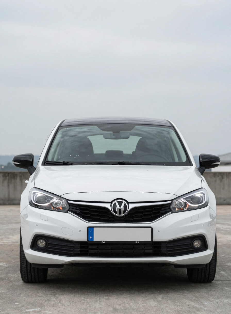 Close three-quarter front view of a European compact car on a flat concrete surface under bright overcast daylight, vehicle centered, no props, maximum clarity on bodywork and headlights