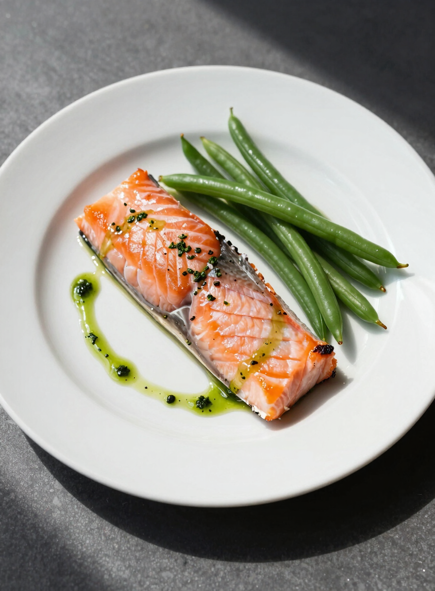 Overhead close-up of a plated corporate lunch — sliced poached salmon fillet on a white ceramic plate with a herb vinaigrette drizzle, trimmed green beans alongside, natural north-facing daylight, shadowless studio clarity