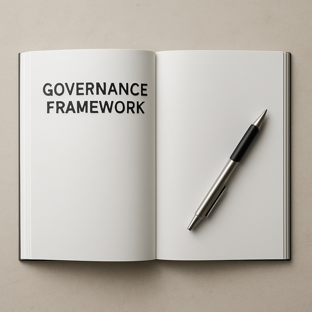 Wide panoramic overhead flat-lay of an open governance framework document on a pale stone desk, a single pen resting diagonally across the pages, even north-facing studio daylight, generous negative space to the right
