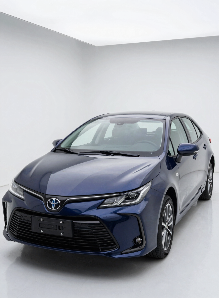 Close three-quarter front view of a dark blue Toyota Corolla parked on a white studio ground, overcast daylight, clean bodywork showing true finish, no reflections obscuring detail