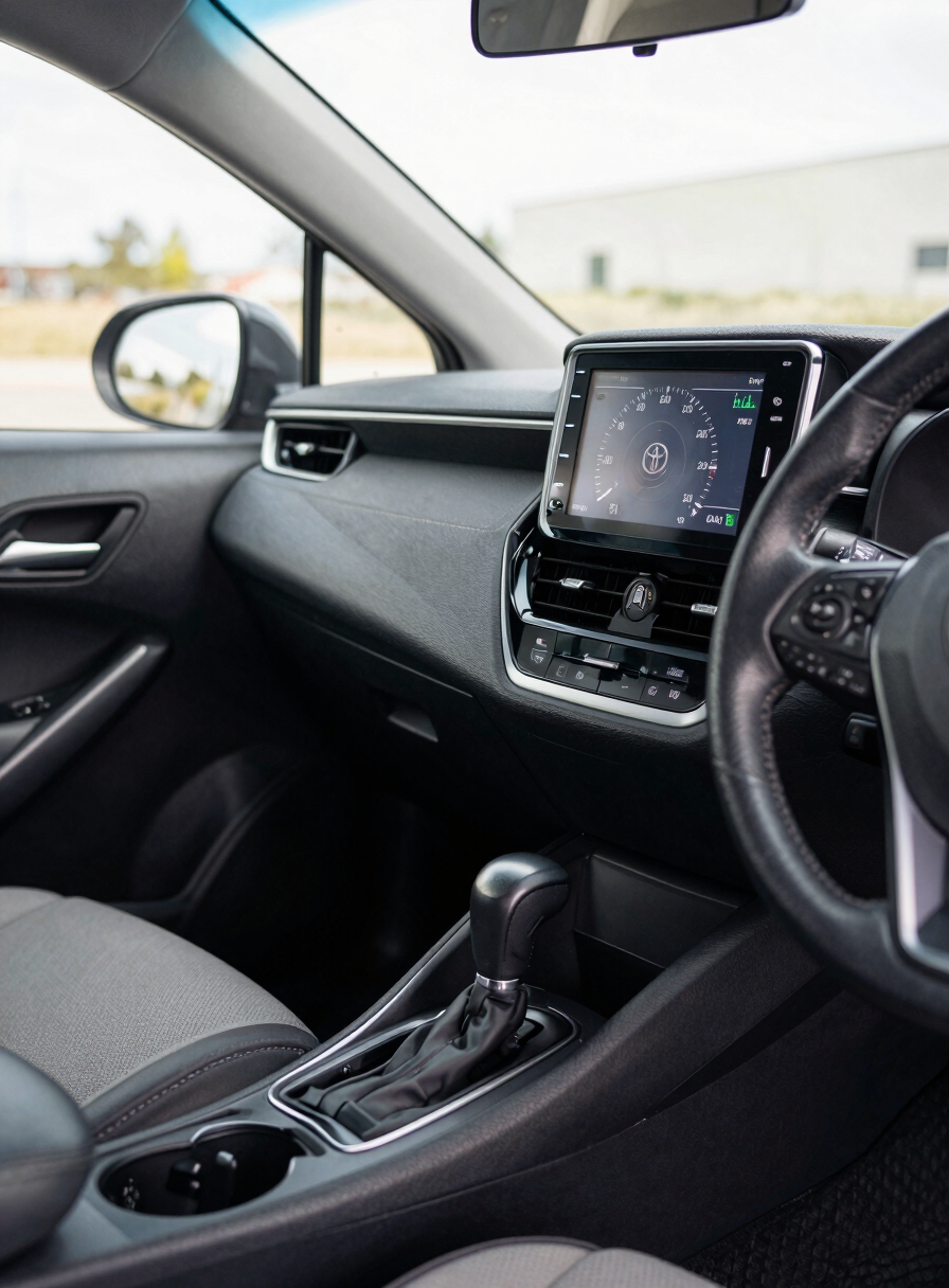 Close-up of a Toyota Corolla interior dashboard and centre console, natural window light, clean upholstery visible, odometer showing 87000 km on digital cluster, no people