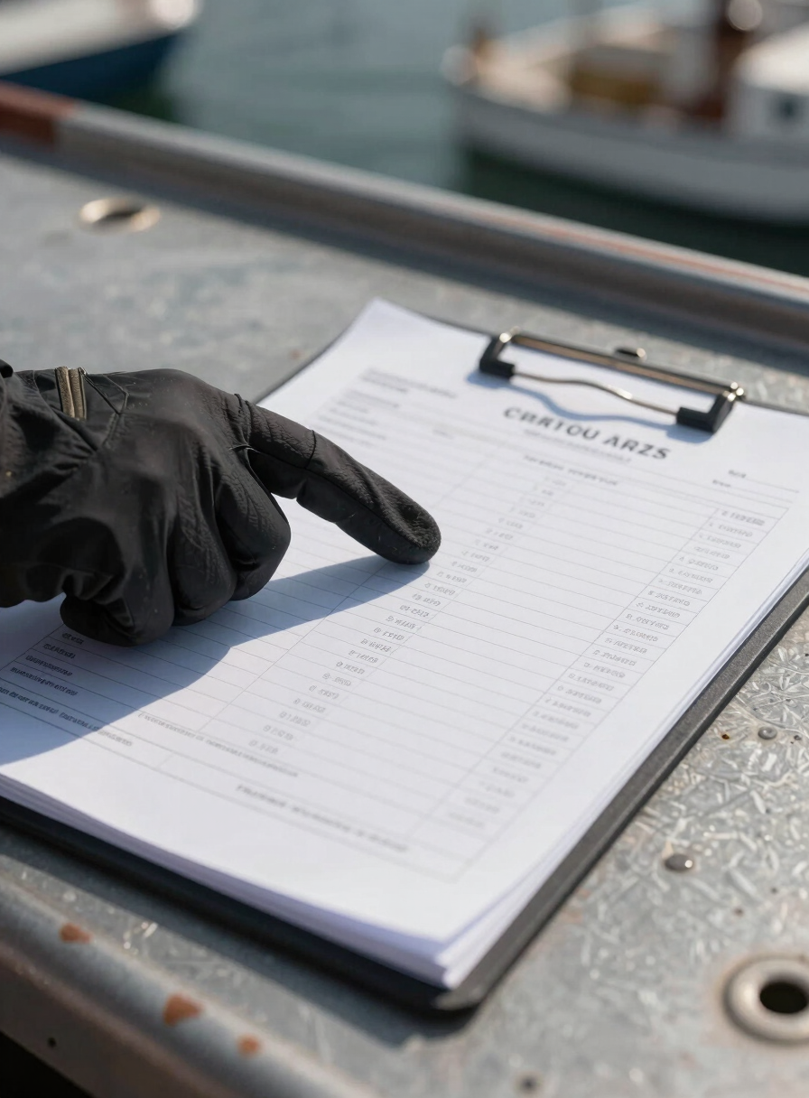 Close-up of a cargo manifest document laid flat on a steel dock surface, a gloved hand pointing to container reference numbers, natural port daylight, shallow depth of field