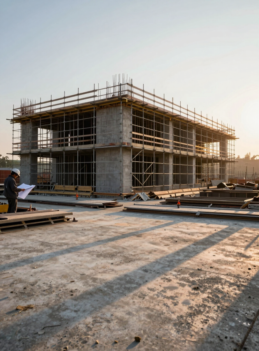 Wide panoramic shot of an active construction site at dawn, scaffolding rising against a pale sky, a single worker in a hard hat visible at the left edge reviewing blueprints, natural low morning light casting long shadows across the concrete slab