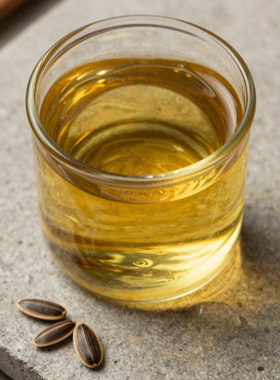 Extreme close-up overhead shot of castor oil in a clear glass vessel on a stone surface, north-facing daylight entering from the upper left, golden-amber oil transmitting light with visible refraction rings, a few raw castor seeds resting beside the vessel on the stone