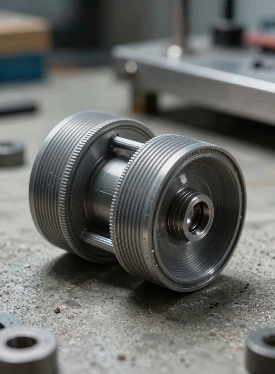 Macro close-up of a complex 3D-printed mechanical part resting on a concrete workshop surface, cool north-facing studio light from the left, crisp shadow revealing surface layer texture and tight tolerances, steel background elements visible but soft, no hands, no motion