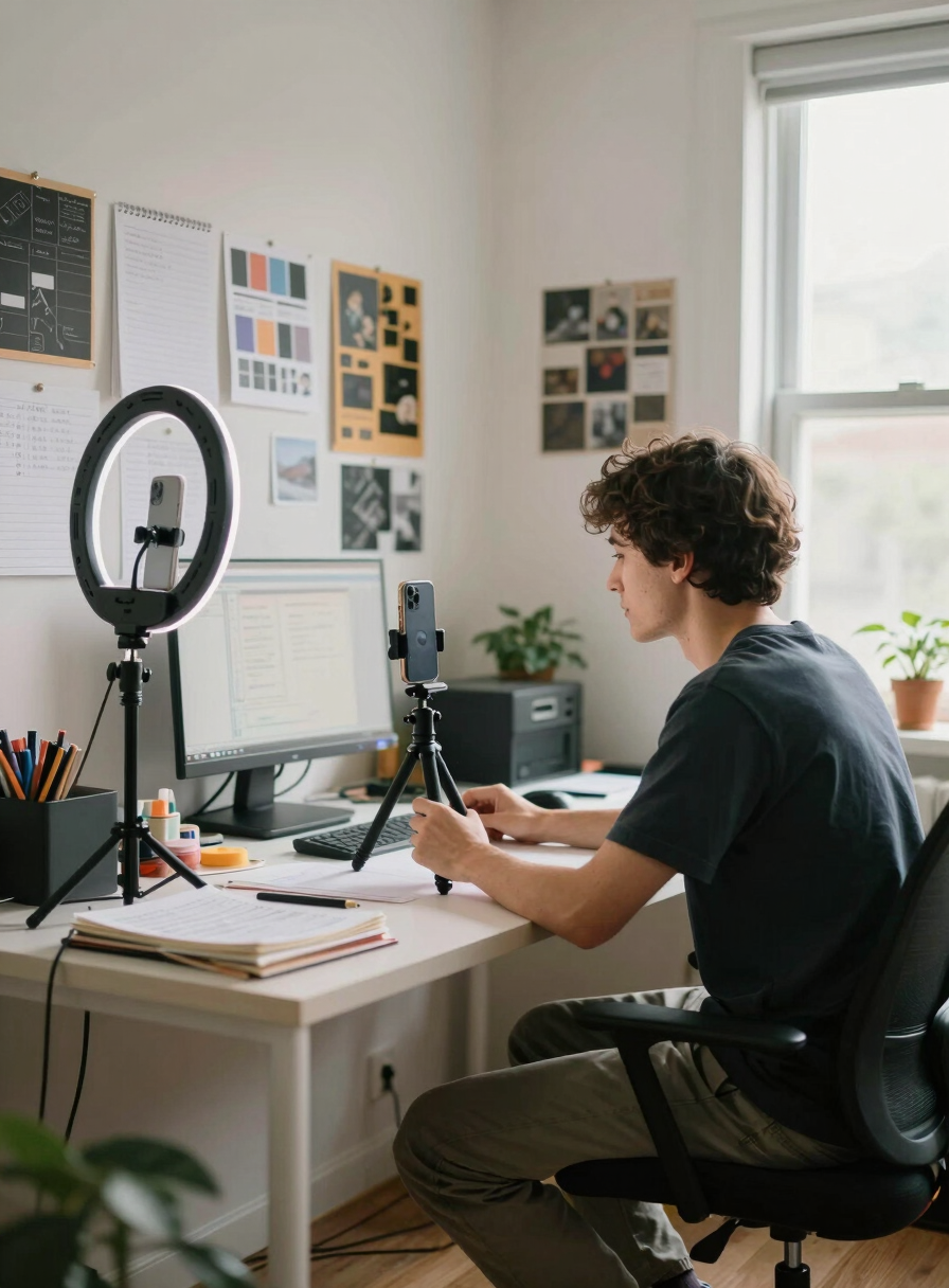 Wide environmental shot of a creator seated at a cluttered studio desk, filming vertical video with a smartphone on a small tripod, ring light off to one side, notebooks and mood board pinned to the wall behind, natural afternoon light through a side window, candid and unposed