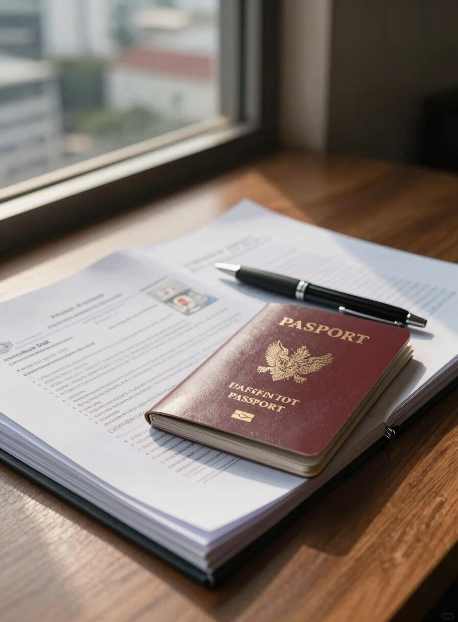 Close-up of a stack of official documents on a wooden desk — a passport open to the photo page, printed bank statements, and a pen resting across the top — natural afternoon light from a window to the left, Bangkok rooftops visible through glass in the background