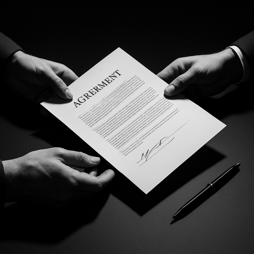 Close-up of two hands exchanging a signed partnership agreement across a matte black table, sharp studio strobe light casting crisp shadows, pen resting beside the document, high contrast monochrome