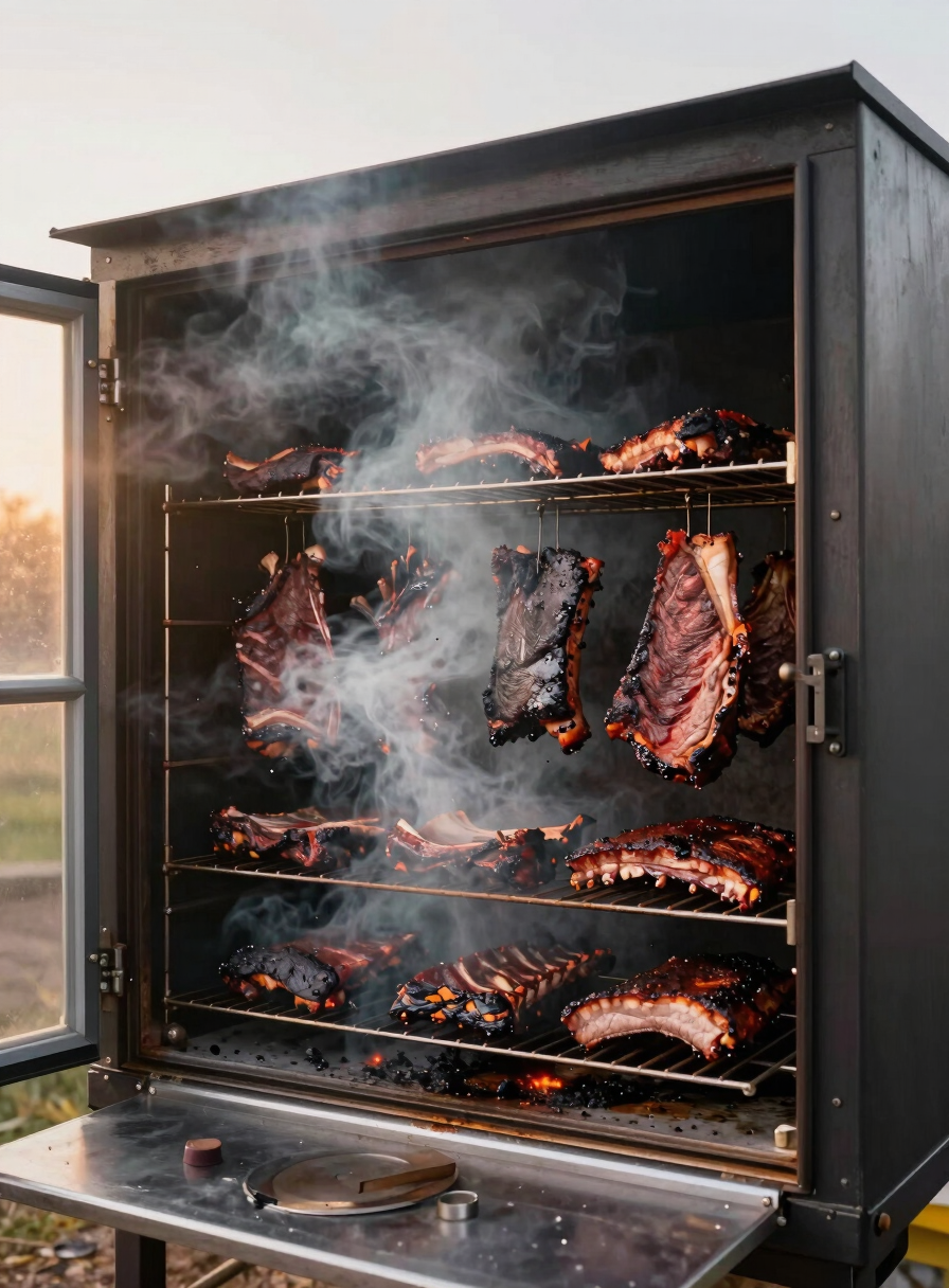 Wide shot of a professional smokehouse door swung open, revealing rows of oak-smoked briskets and ribs on iron grates, thick white smoke billowing outward, warm amber morning light pouring in from the left, close environmental framing showing the scale of the operation