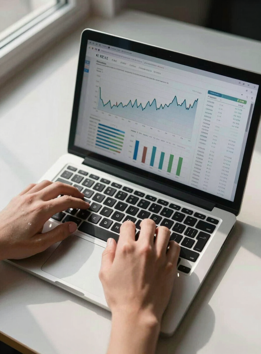 Close overhead shot of a laptop screen displaying an analytics dashboard with trendline charts and CAC data, hands resting on keyboard, daylight from a left window casting clean shadows across the desk surface