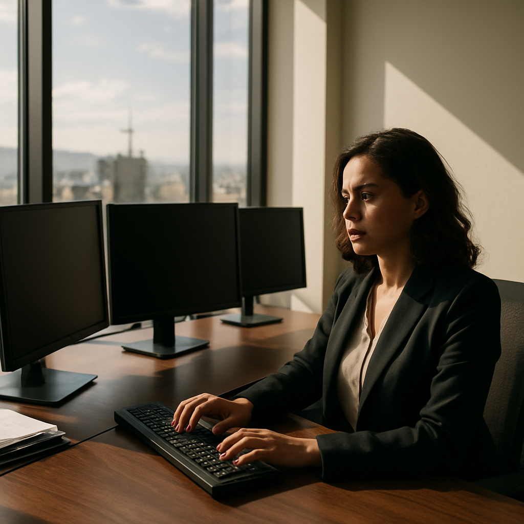Wide environmental shot of a professional woman at a large desk in a bright Bogotá office, afternoon daylight through floor-to-ceiling windows casting sharp shadows, three monitors visible, hands resting on keyboard, workspace in sharp focus — no posed smiling, candid mid-work moment