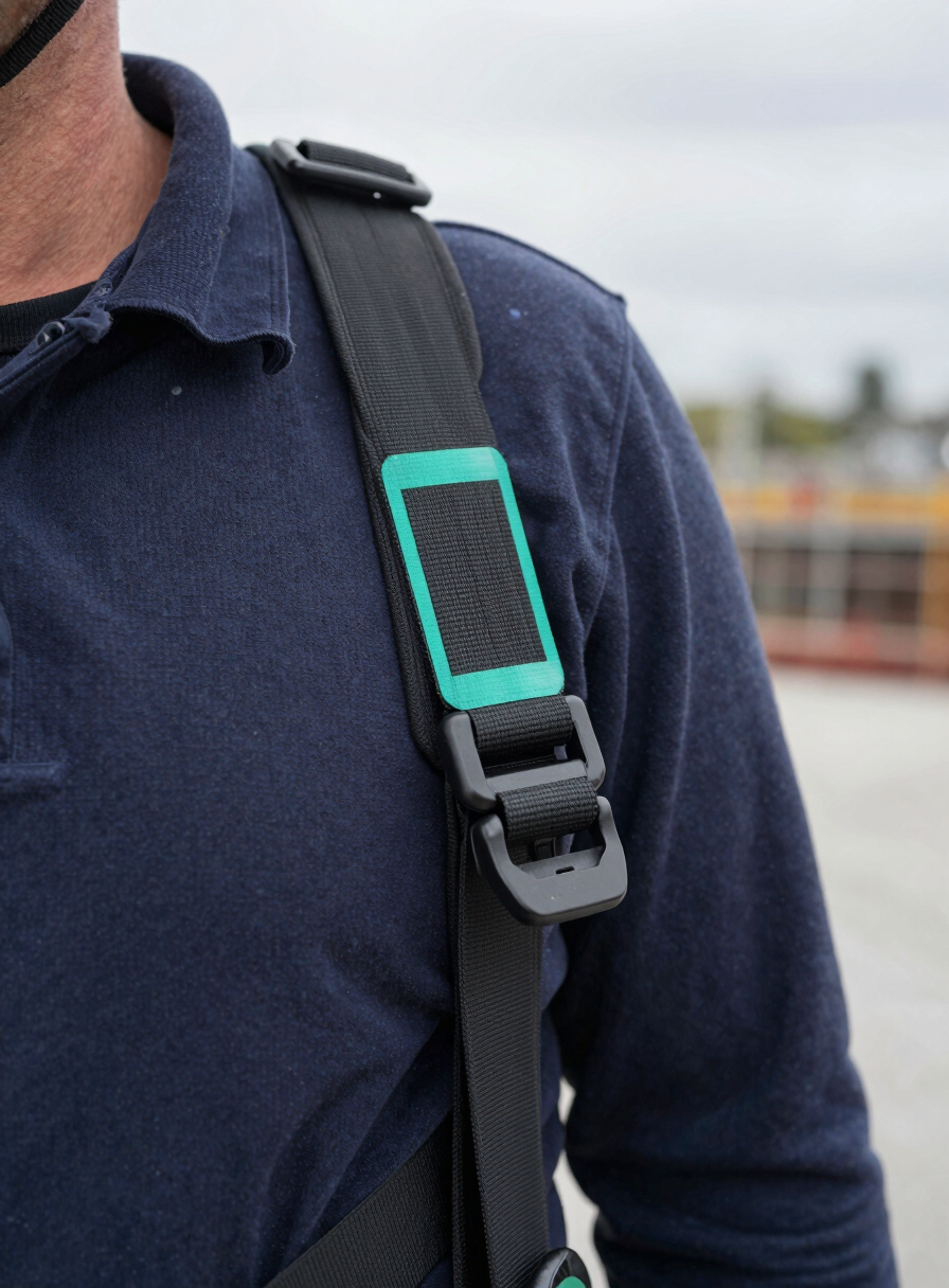 Close-up side angle of a construction worker's torso and shoulder, a safety harness strap partially unclipped, a faint teal bounding-box overlay highlighting the unclipped buckle, overcast natural light on a concrete site, no faces visible
