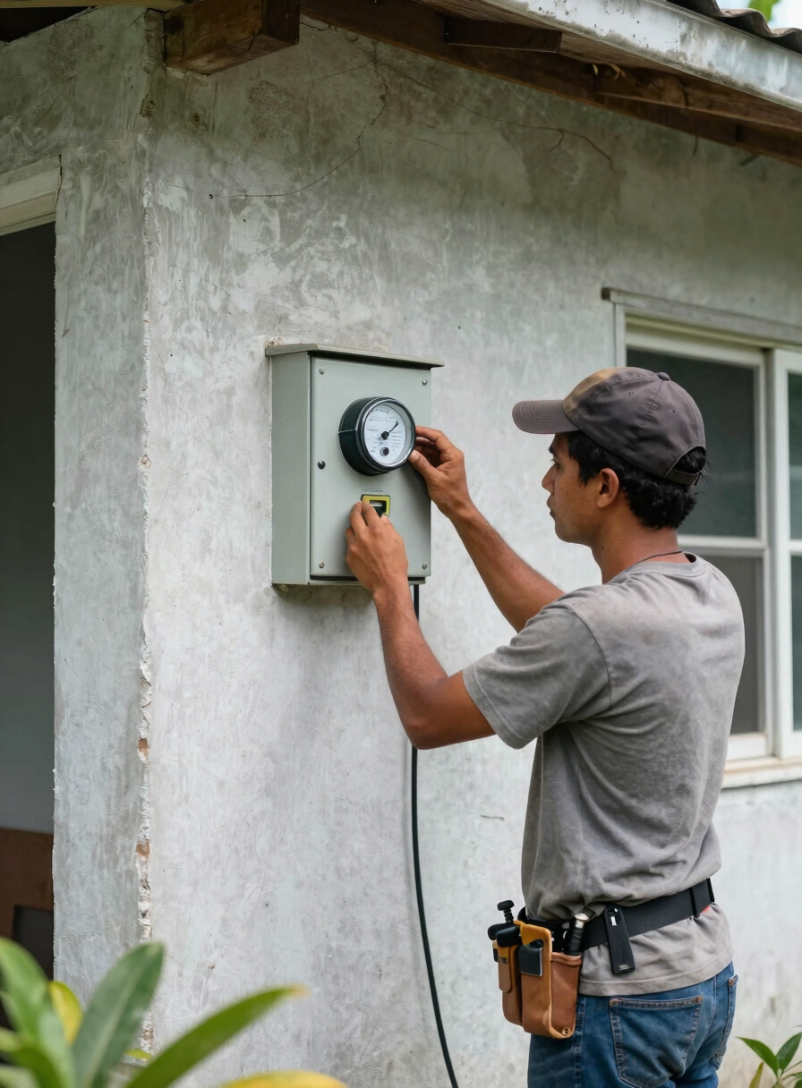 Close documentary shot of an electrician reading a meter panel mounted on an exterior wall of a concrete home in Trinidad, natural daylight, worn paint and tropical vegetation visible at the frame edge, no people facing camera