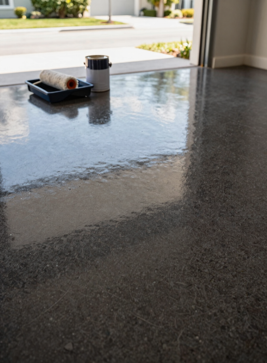 Close-up of a polished epoxy garage floor in a Florida home, deep charcoal flake finish reflecting the open garage door and bright midday sunlight, paint can and roller tray staged at the edge of the slab