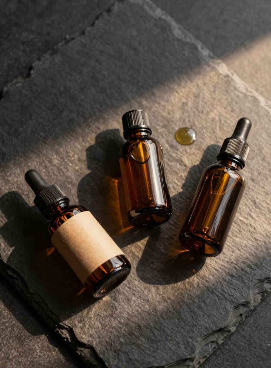 Flat-lay of three amber glass hair oil bottles on a dark slate surface, soft golden-hour sidelight raking across the textures, product labels face-up, small pool of oil visible beside one open cap