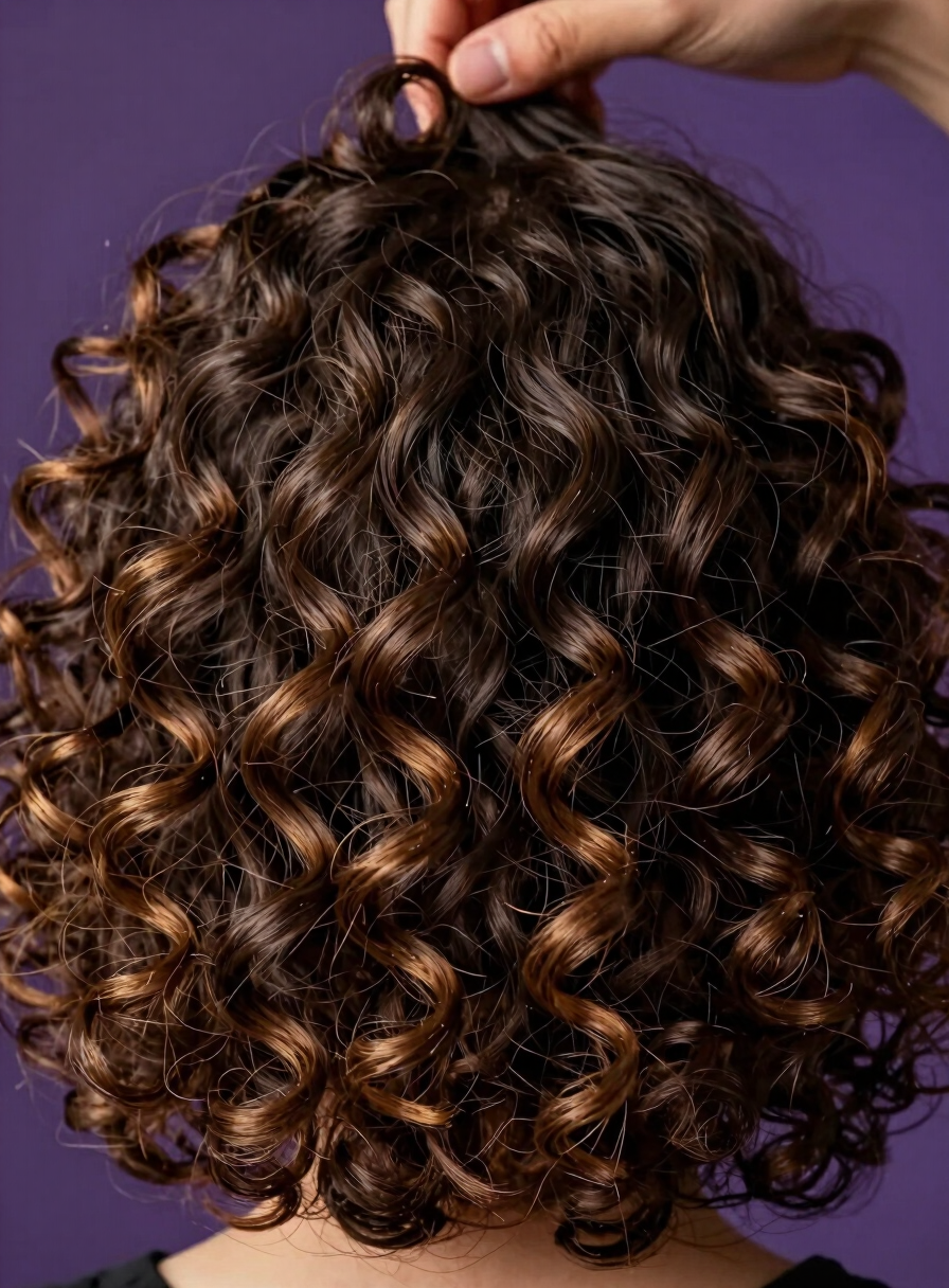 Extreme close-up of dense curly hair strands reflecting warm studio light, individual coils sharp and defined against a deep purple-toned background, hands barely visible mid-application of a translucent serum, north-facing daylight fill