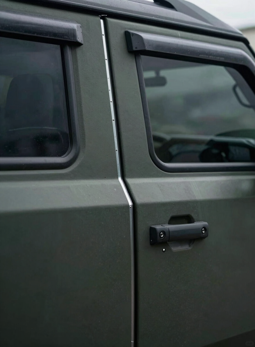 Close-up exterior detail of an armored SUV door panel, ballistic-rated glass edge visible, steel reinforcement seam sharp under cool directional daylight, dark matte finish, no people, industrial precision framing