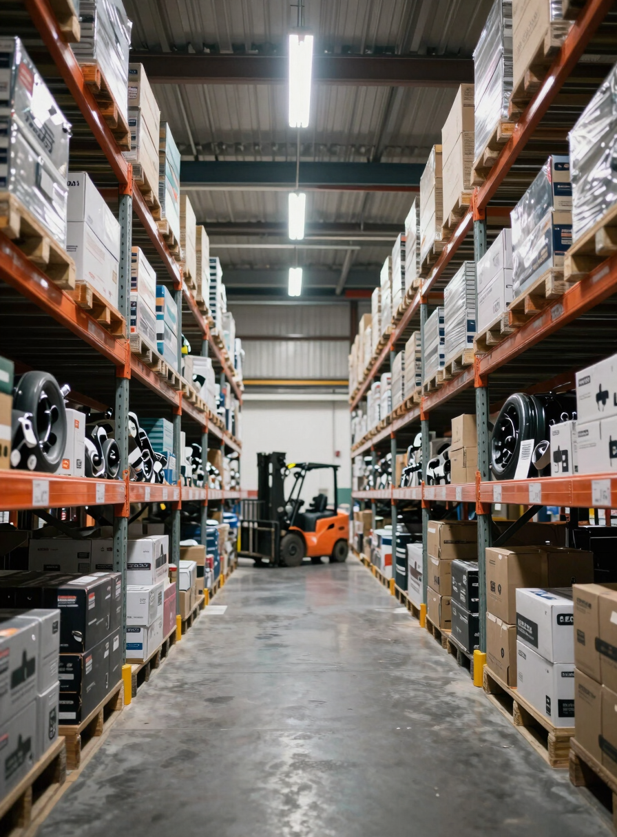Wide shot of a distribution warehouse interior — rows of metal shelving stacked floor-to-ceiling with boxed and labeled automobile spare parts, bright overhead fluorescent lighting, forklift aisle visible in the background, no people
