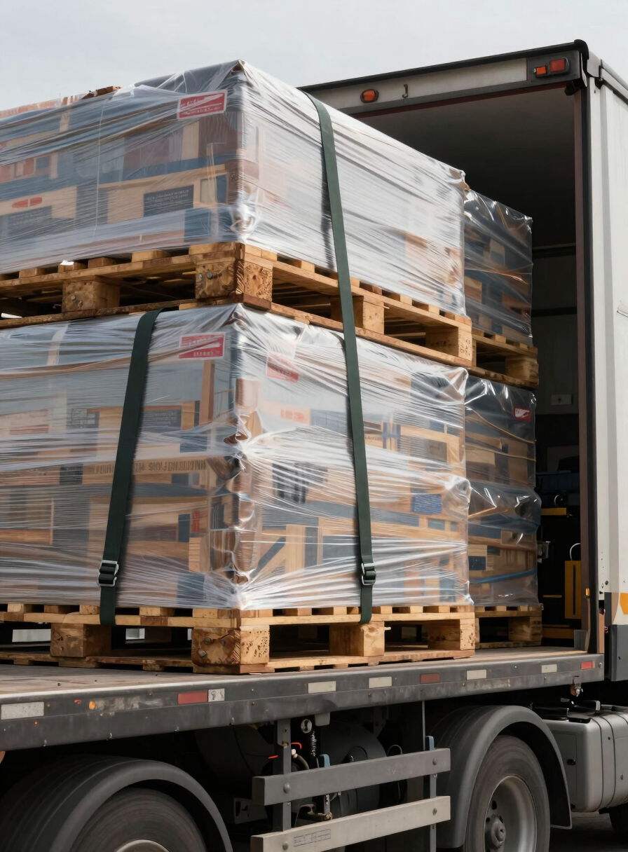 Close-up of cargo pallets wrapped in stretch film being loaded onto a truck at a dock, overcast daylight flooding the loading bay, straps and equipment visible in the foreground