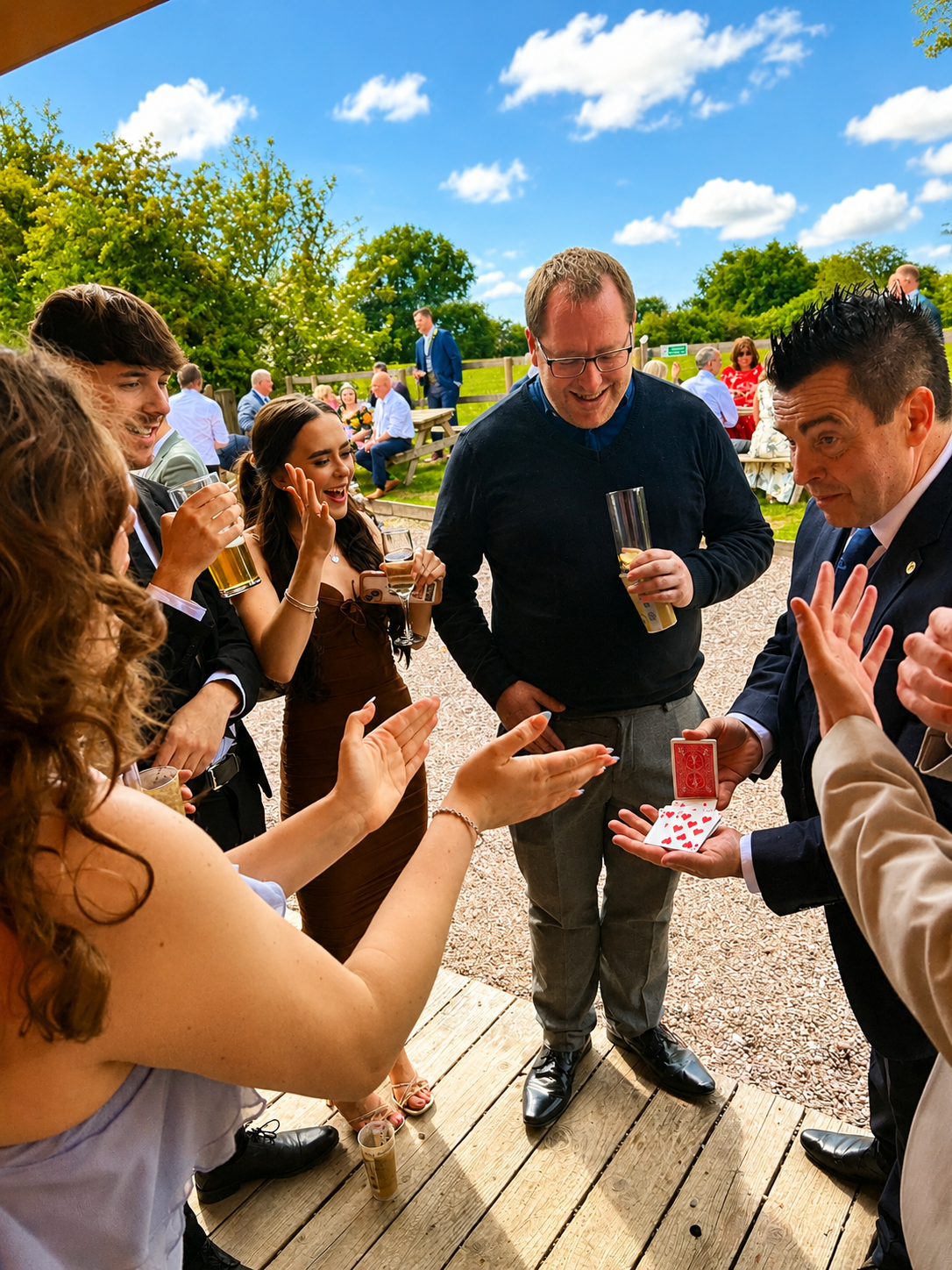 wedding magician Danny Hunt performing to guests at a wedding in the North East