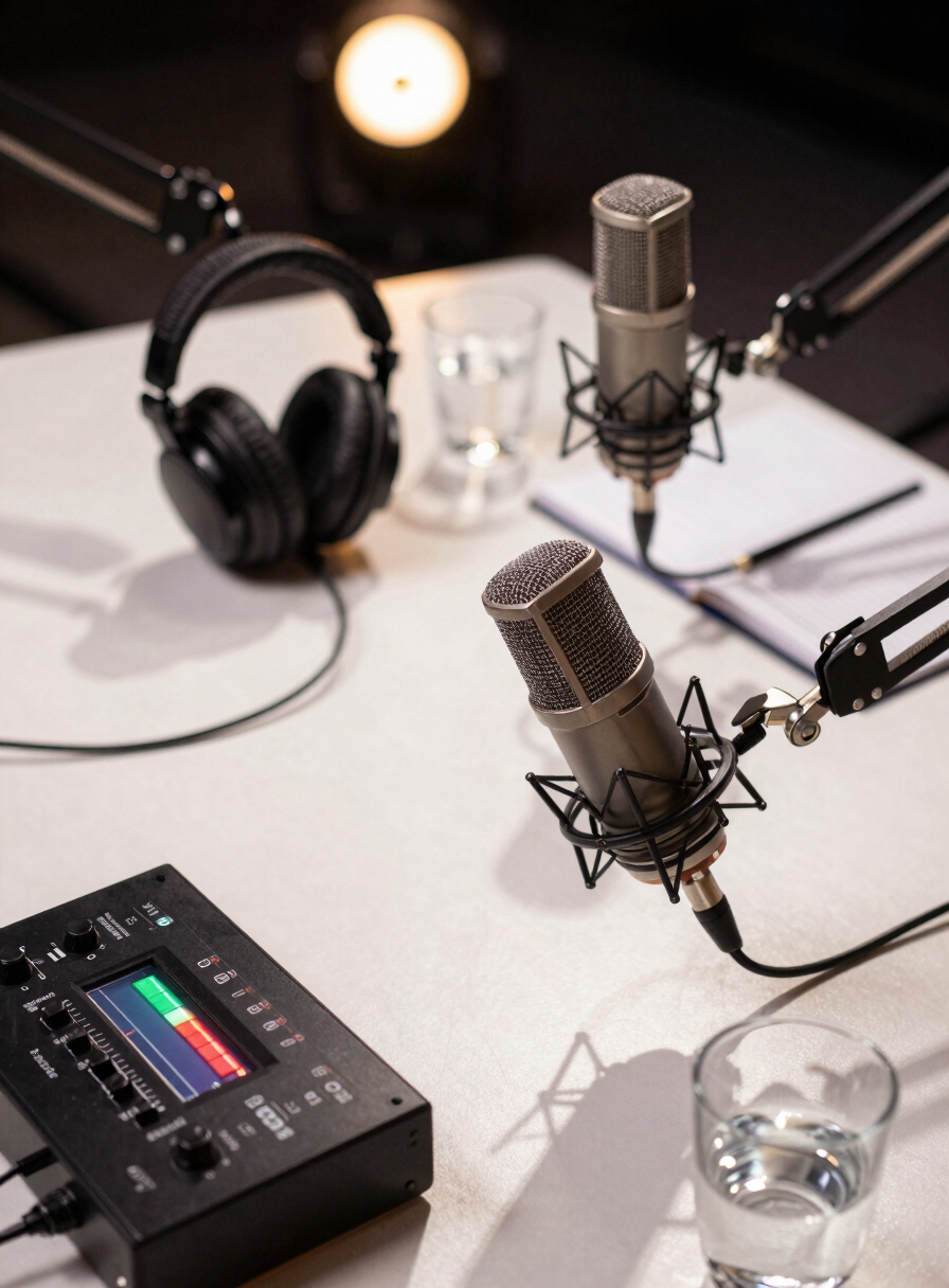 Close-up overhead shot of a podcast recording desk during a live event — two large-diaphragm microphones on adjustable arms, headphone monitoring unit, audio interface with visible level meters active, notebook and water glass in frame, warm studio strobes casting sharp shadows across the equipment surface, no people in frame